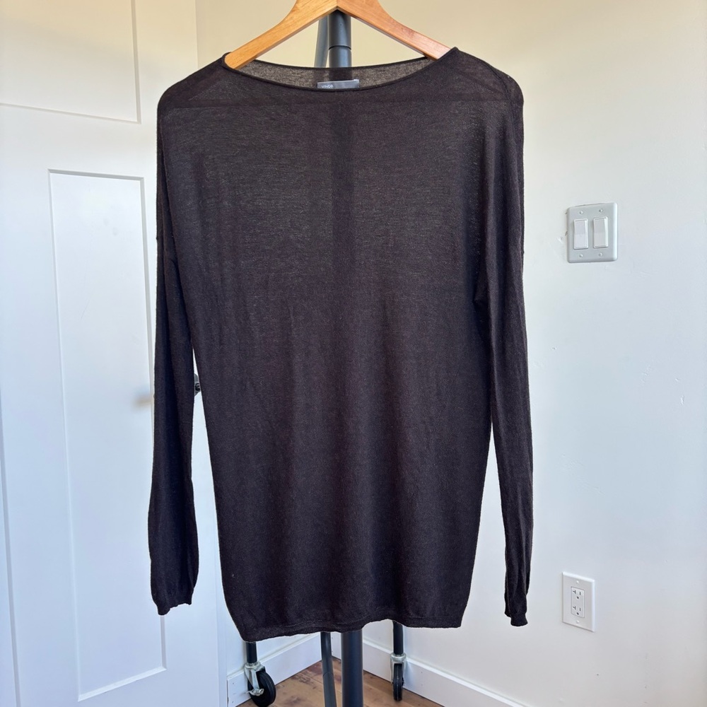 Vince Womens Wool Blend Long Sleeve Sheer Boat Neck Top Brown Sz S